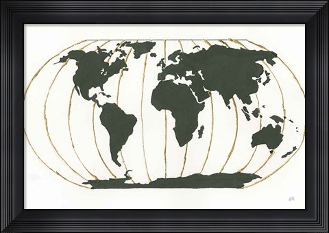 Framed World Map Gold Lines Print
