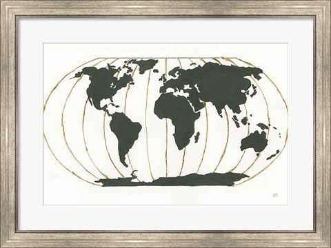 Framed World Map Gold Lines Print