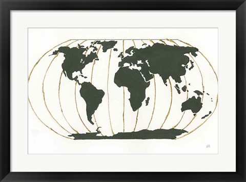 Framed World Map Gold Lines Print