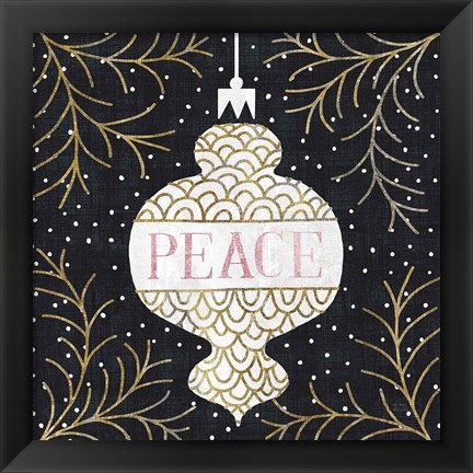 Framed Jolly Holiday Ornaments Peace Metallic Print