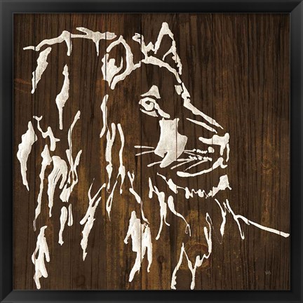 Framed White Lion on Dark Wood Print