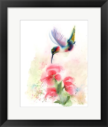 Framed Red Flower Hummingbird Print