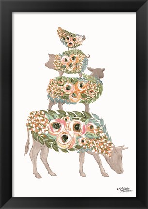 Framed Floral Stacked Animals Print