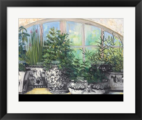 Framed Windowsill Herbs BW Vases Crop Print