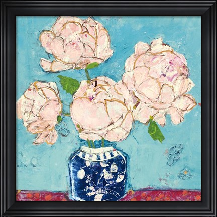 Framed Vase of Peonies Aqua Coral Print