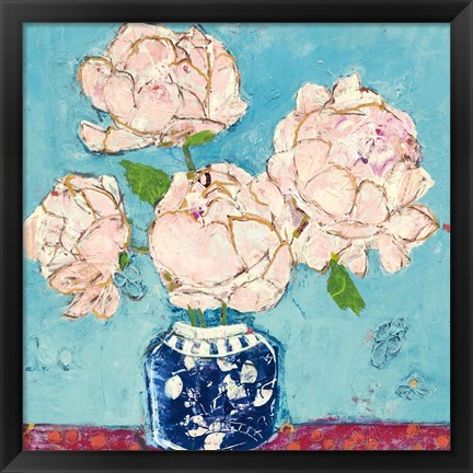 Framed Vase of Peonies Aqua Coral Print