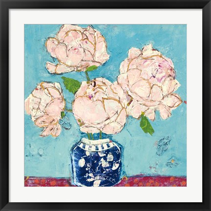 Framed Vase of Peonies Aqua Coral Print