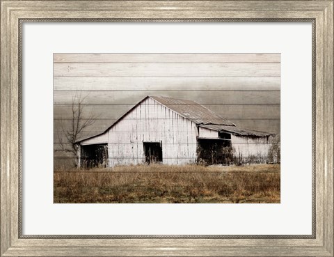 Framed White Barn on Wood Print