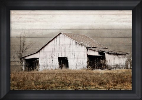 Framed White Barn on Wood Print