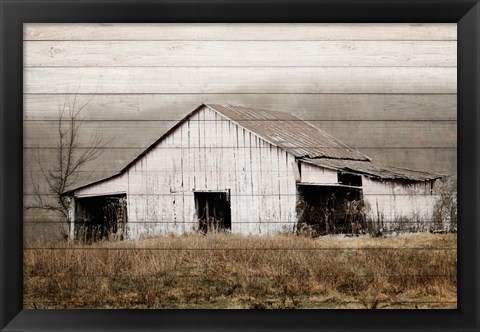 Framed White Barn on Wood Print