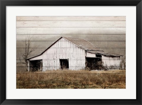 Framed White Barn on Wood Print