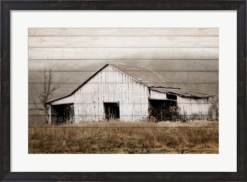 Framed White Barn on Wood Print