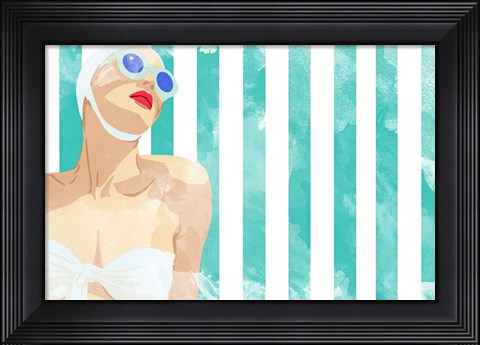 Framed Bathing Beauty on Teal Towel Print