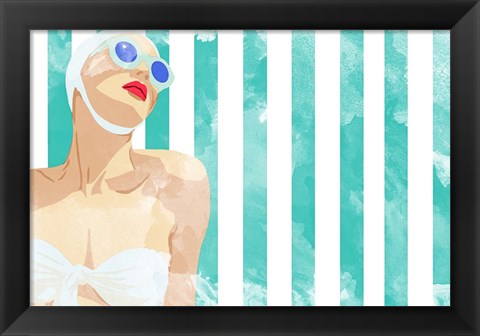 Framed Bathing Beauty on Teal Towel Print