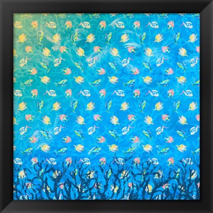 Framed Swim with the Fish Pattern (dark blue) Print