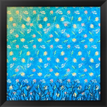 Framed Swim with the Fish Pattern (dark blue) Print