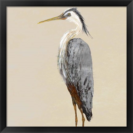 Framed Heron on Tan II Print