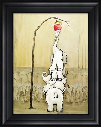 Framed Whimsical Elephants with Red Apple Print