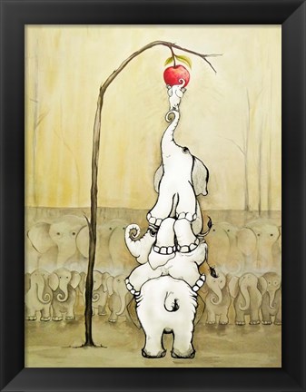 Framed Whimsical Elephants with Red Apple Print