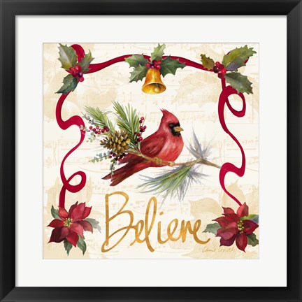 Framed Christmas Poinsettia Ribbon I Print