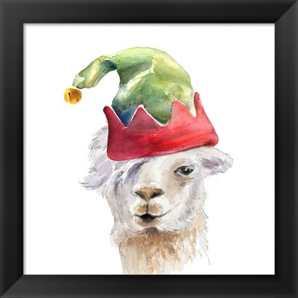 Framed Christmas Hat Llama Print