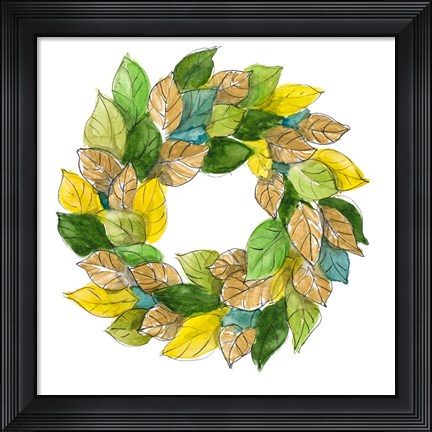 Framed Green Metallic Leaf Wreath Print