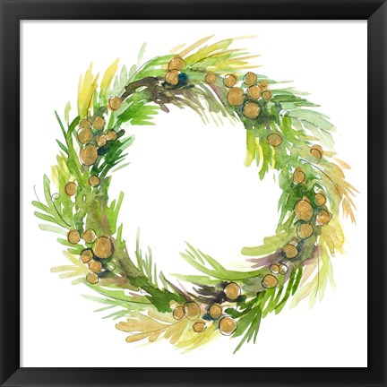 Framed Green Metallic Spruce Wreath Print