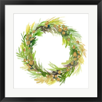 Framed Green Metallic Spruce Wreath Print