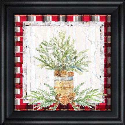 Framed Holiday Sprig on Plaid I Print