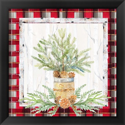 Framed Holiday Sprig on Plaid I Print