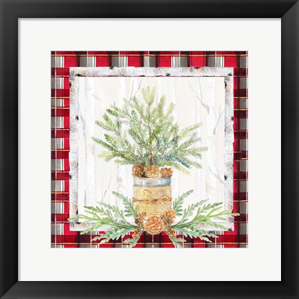 Framed Holiday Sprig on Plaid I Print