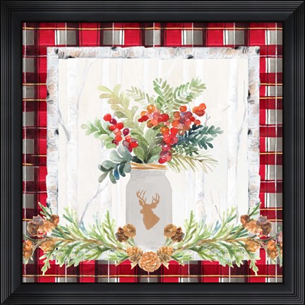 Framed Holiday Sprig on Plaid II Print