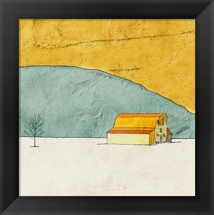 Framed Teal and Yellow Barn Print