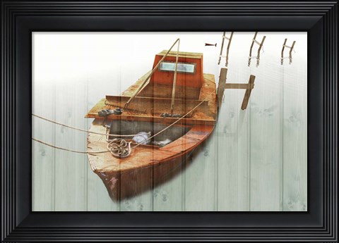 Framed Boat with Textured Wood Look III Print