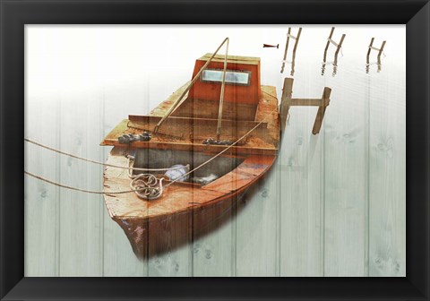 Framed Boat with Textured Wood Look III Print