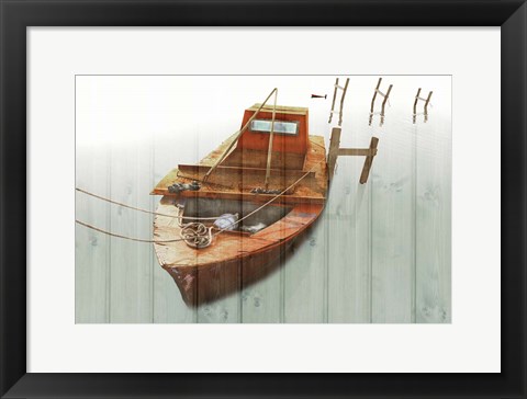 Framed Boat with Textured Wood Look III Print