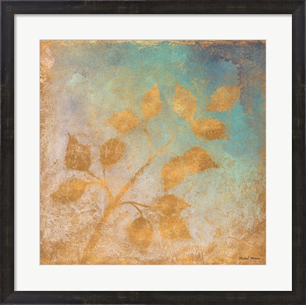 Framed Gold Leaves on Blues I Print