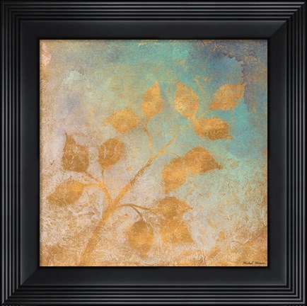 Framed Gold Leaves on Blues I Print