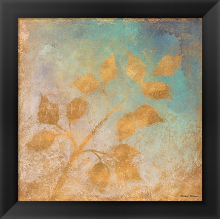 Framed Gold Leaves on Blues I Print