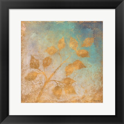 Framed Gold Leaves on Blues I Print
