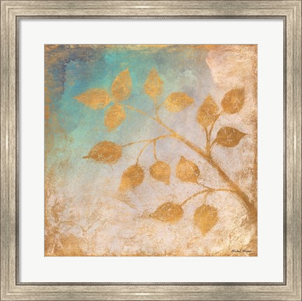 Framed Gold Leaves on Blues II Print