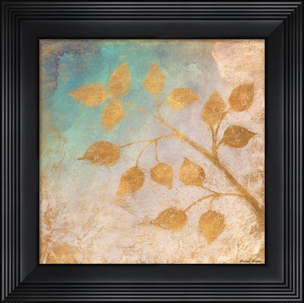 Framed Gold Leaves on Blues II Print