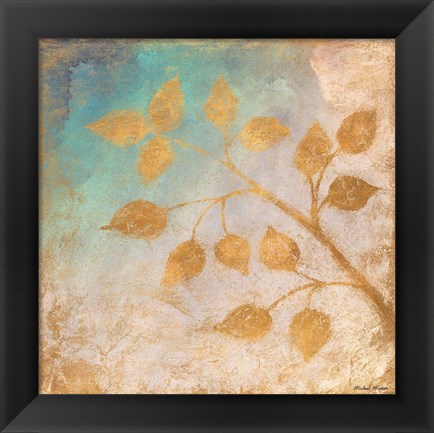 Framed Gold Leaves on Blues II Print