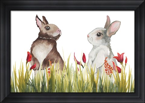 Framed Bunnies Among the Flowers I Print