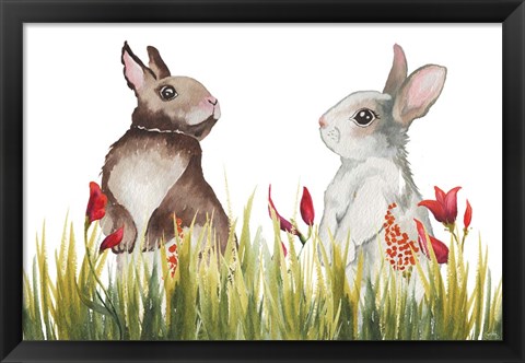 Framed Bunnies Among the Flowers I Print