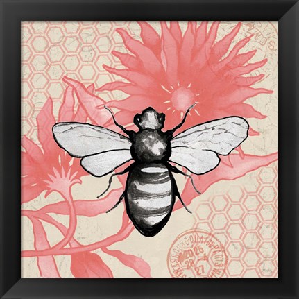 Framed Bee on Pink Flower Square Print