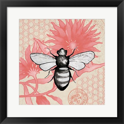 Framed Bee on Pink Flower Square Print