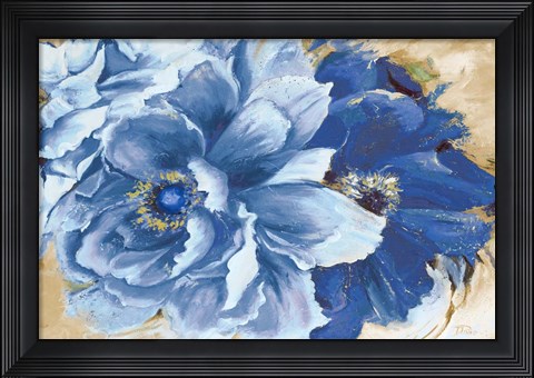 Framed Beautiful Peonies in Indigo Print