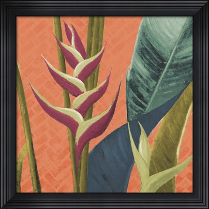 Framed Heliconias with Leaves on Orange Print