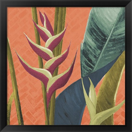 Framed Heliconias with Leaves on Orange Print